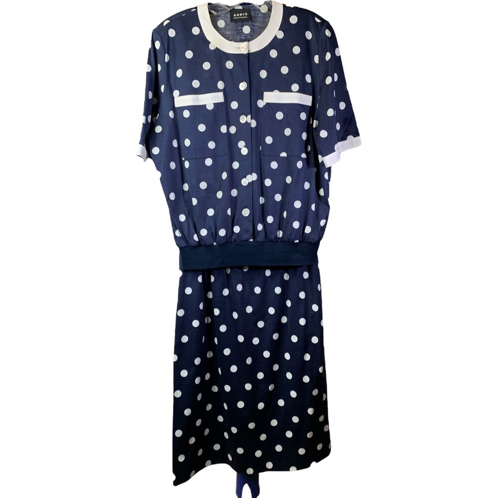 AKRIS Skirt and Top Wmns Sz 12 Navy Blue White Polka Dots Crew Neck Button Front